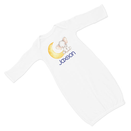 New Baby Boy's Printed Elephant with moon and stars Personalized Infant Gown with Royal Blue VS 2 Coming Home Outfit