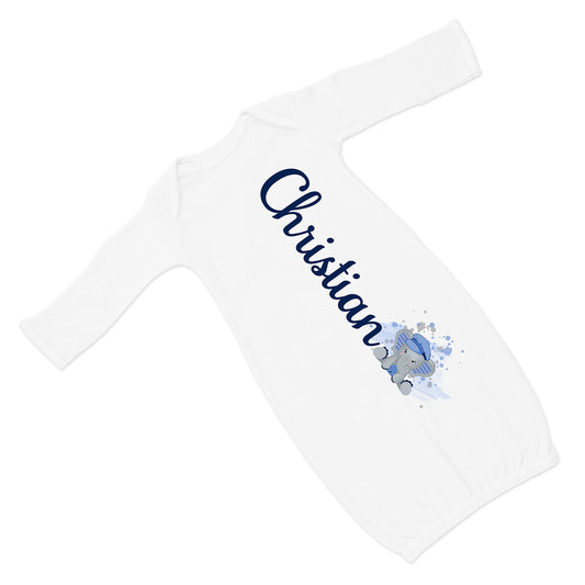 New Baby Boy's Printed White with Blue Argyle Elephant Personalized Infant Gown with Navy Coming Home Outfit