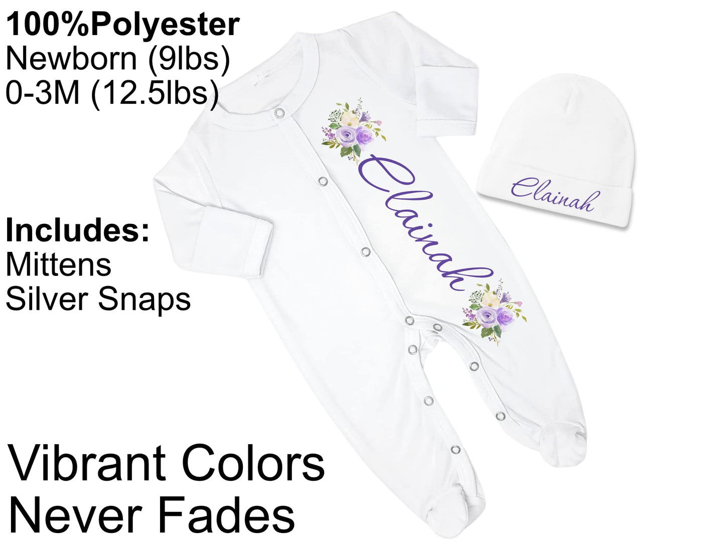 New Baby Girl's Printed Purple Floral Flower Personalized Infant Footed Sleeper Coming Home Outfit