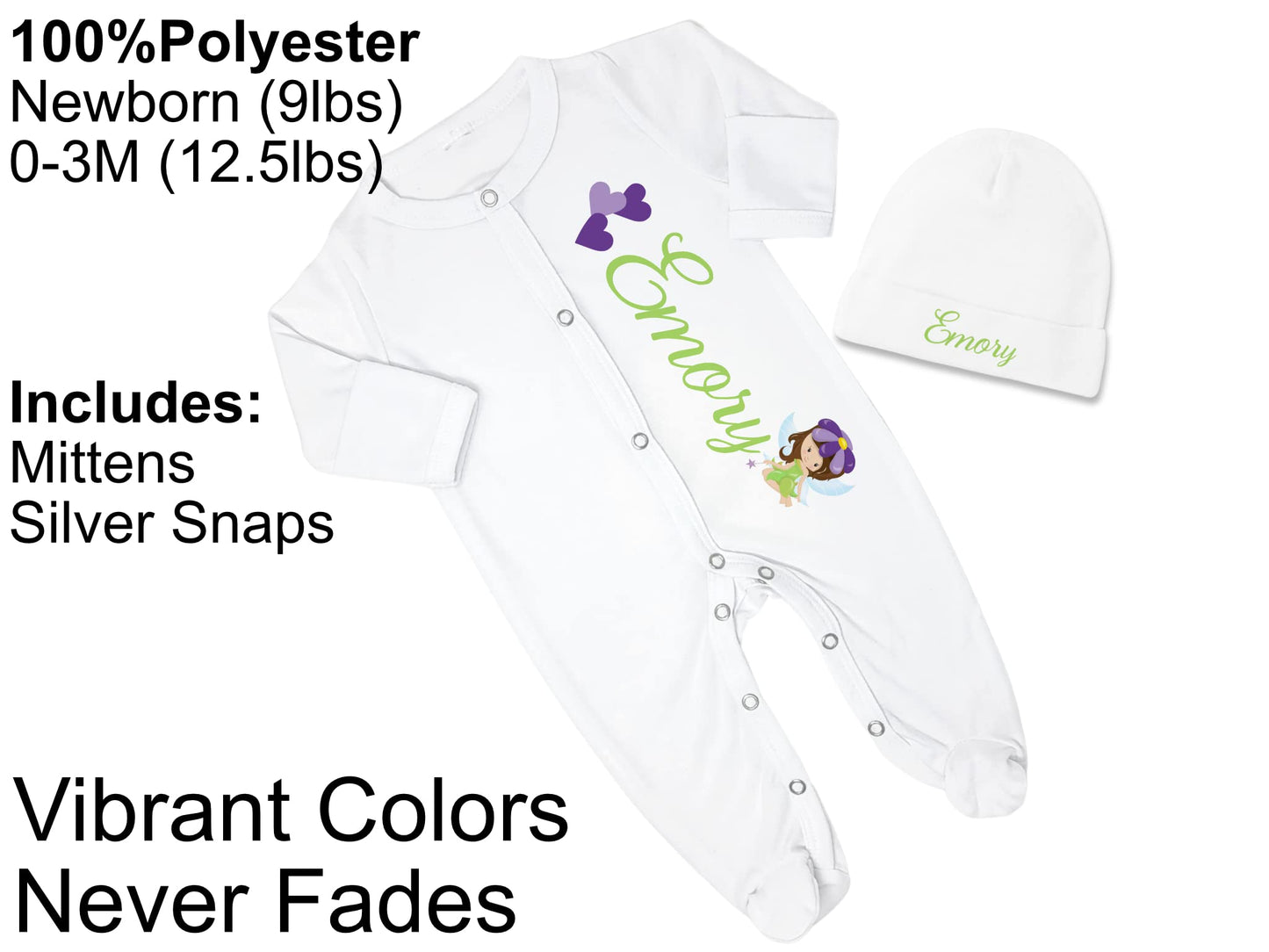 New Baby Girl's Printed Woodland Fairy Lime and Purple Personalized Infant Footed Sleeper Coming Home Outfit