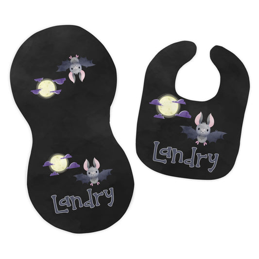 Baby Boy's Personalized Printed Custom Name Bat Batty Halloween Fall Bib and Burp Cloth Set