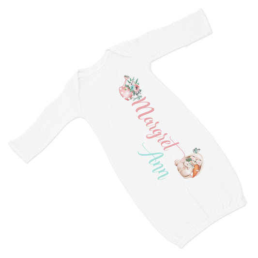 New Baby Girl's Printed Butterfly Bunny Easter Spring Personalized Infant Gown with Pink and Gray Coming Home Outfit