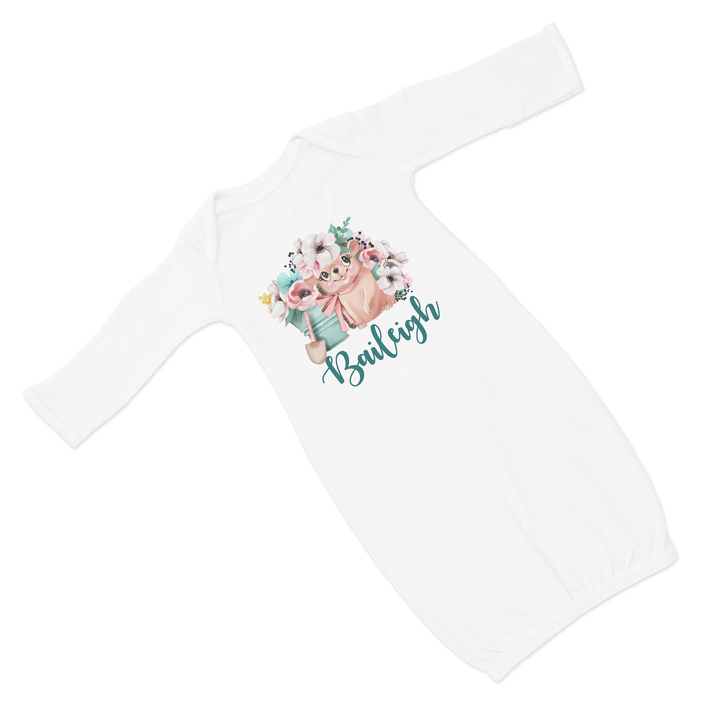 New Baby Girl's Printed Floral Hedgehog Easter Spring VS 2 Personalized Infant Gown with Pink and Gray Coming Home Outfit