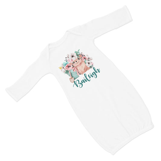 New Baby Girl's Printed Floral Hedgehog Easter Spring VS 2 Personalized Infant Gown with Pink and Gray Coming Home Outfit