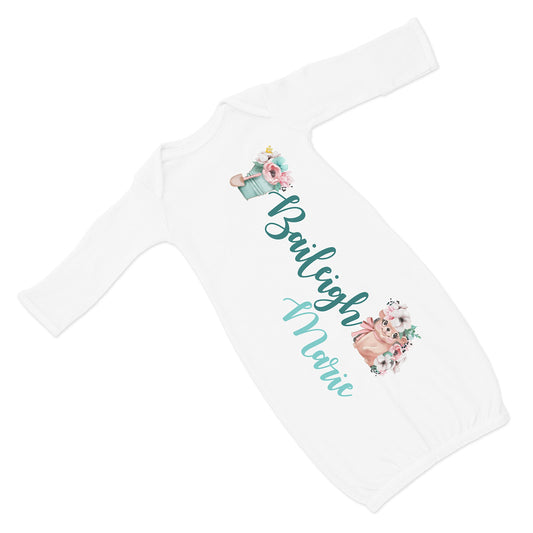 New Baby Girl's Printed Floral Hedgehog Easter Spring Personalized Infant Gown with Pink and Gray Coming Home Outfit