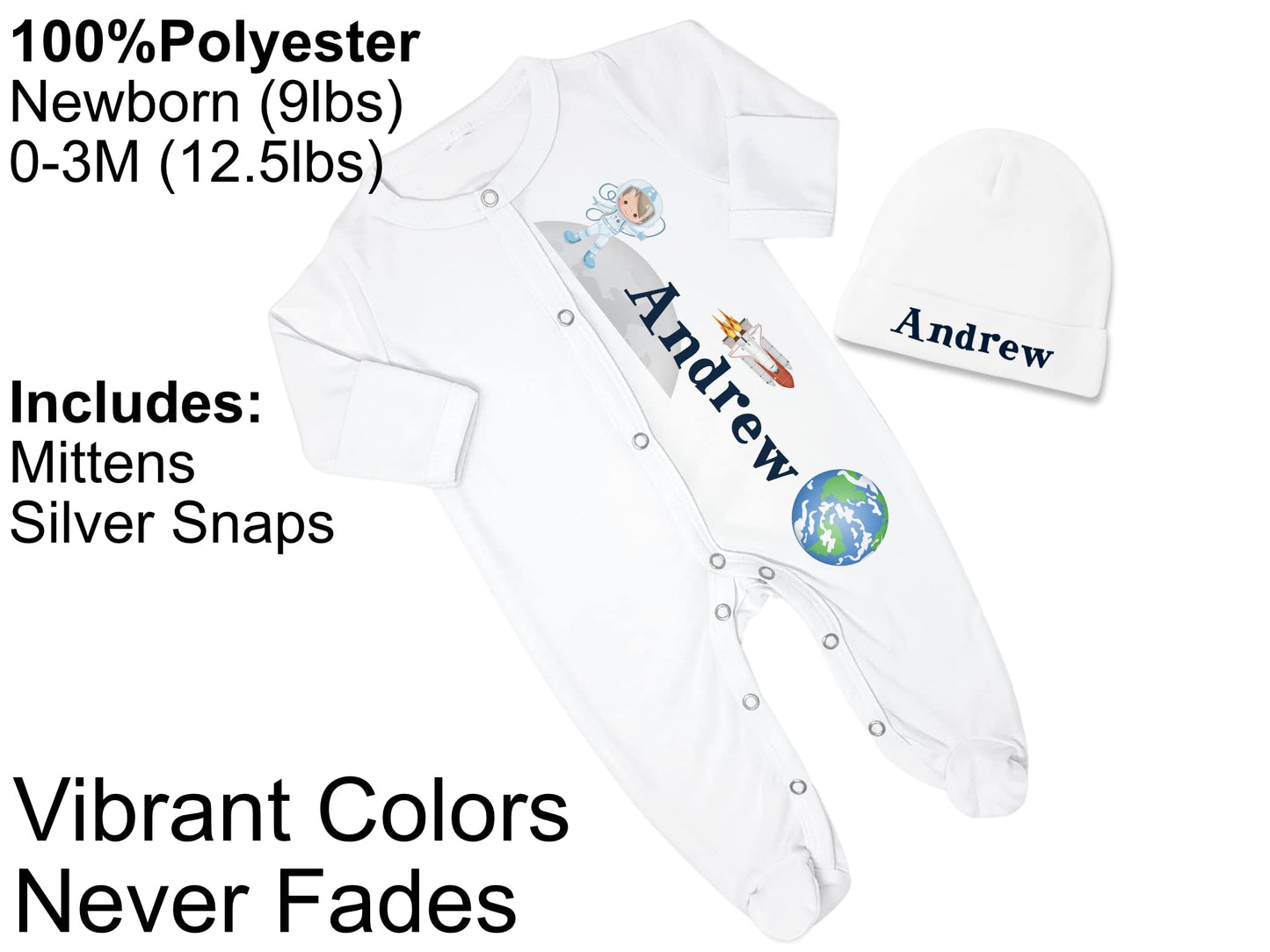 New Baby Boy's Printed Astronaut Outer Space Galaxy Personalized Infant Footed Sleeper Coming Home Outfit