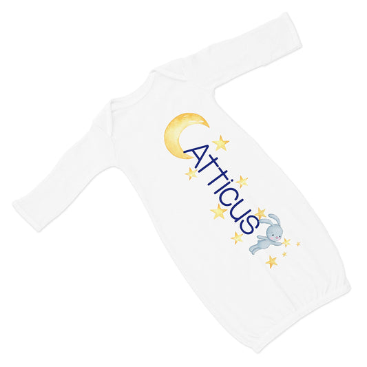 New Baby Boy's Printed White Bunny Rabbit Moon Personalized Infant Gown with Navy Blue Coming Home Outfit