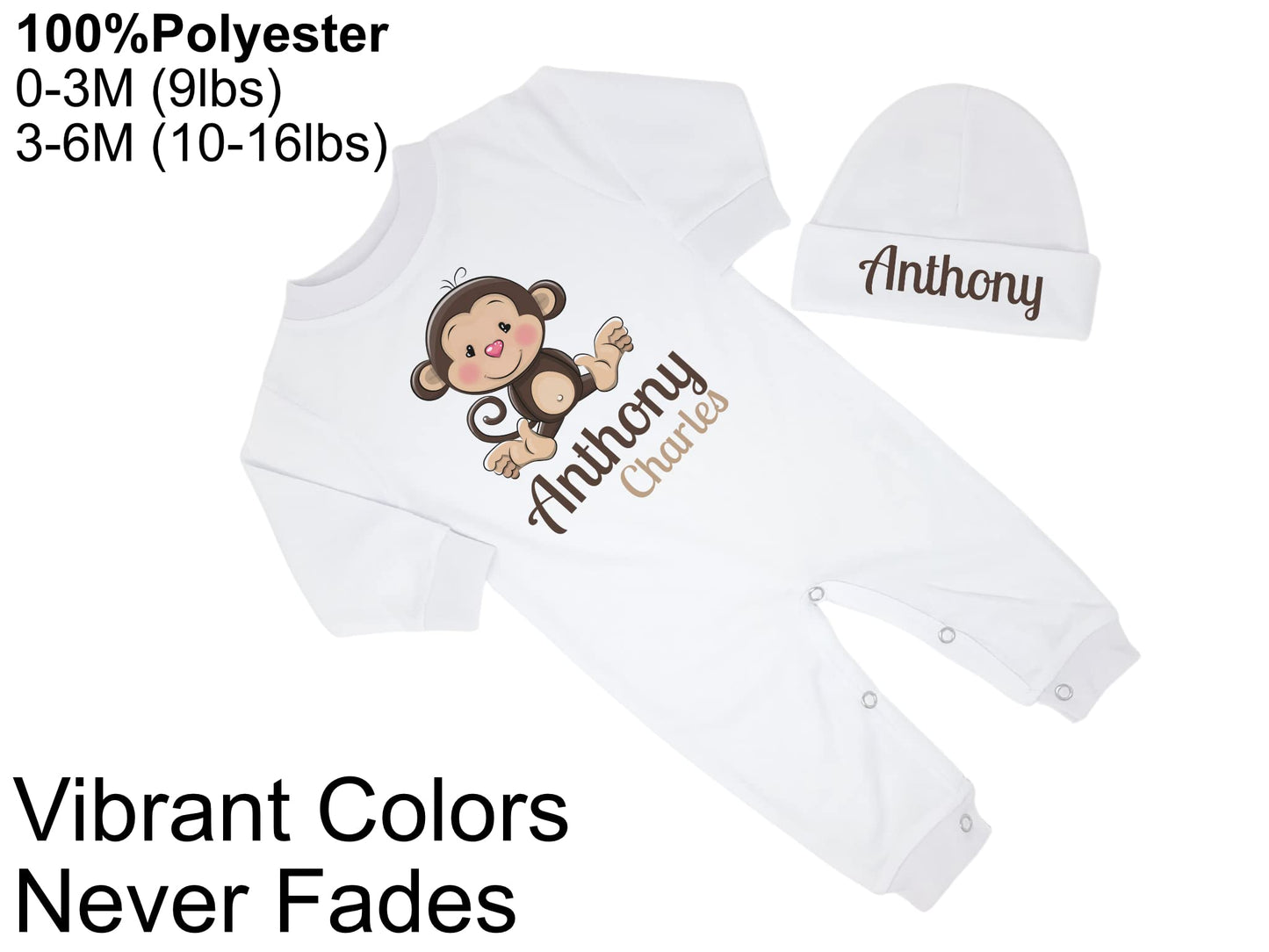 New Baby Boy's Printed Jungle Monkey Personalized Infant Long Sleeve Romper Coming Home Outfit