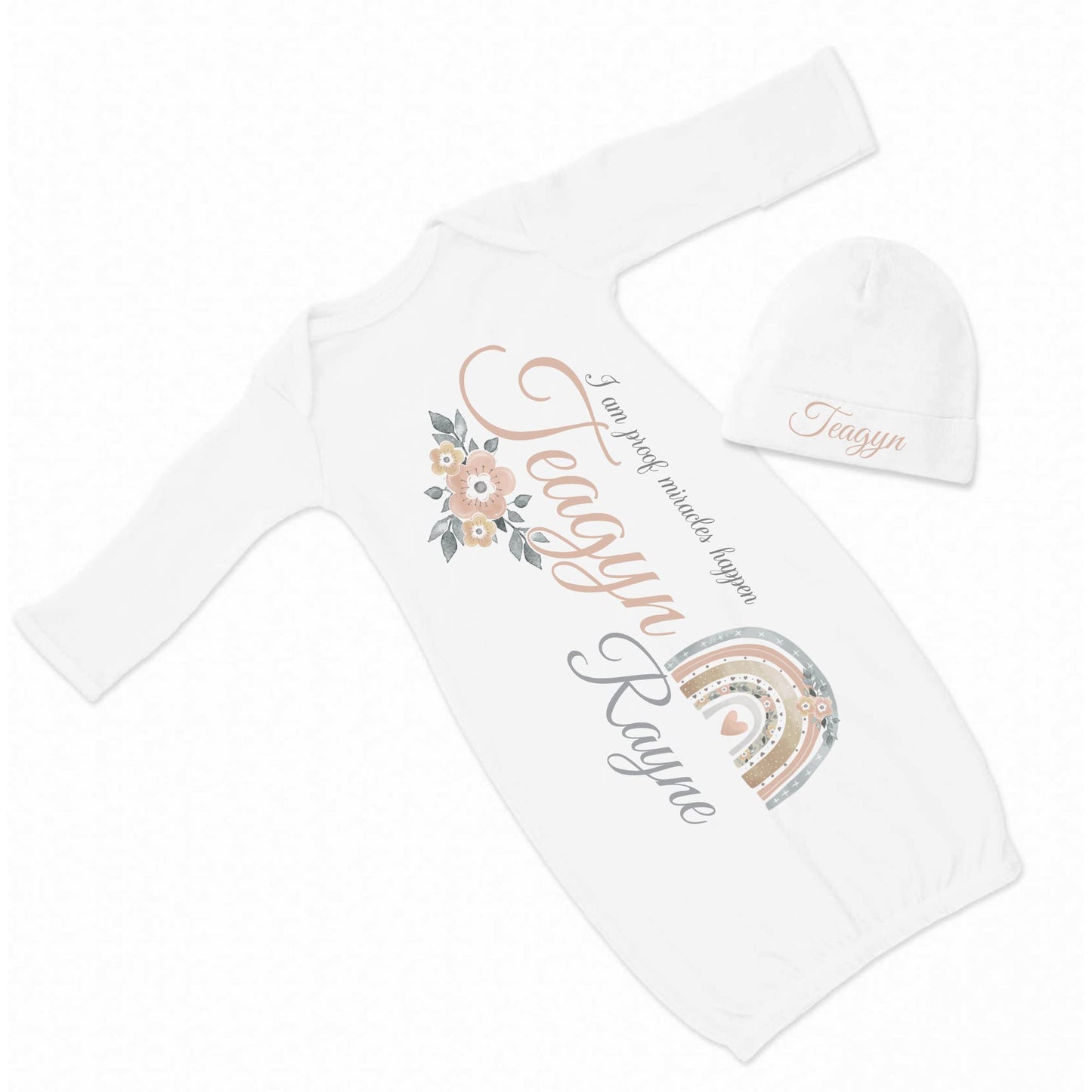 New Baby Girl's Printed Boho Rainbow Miracle Personalized Infant Gown with Pink and Blue Coming Home Outfit