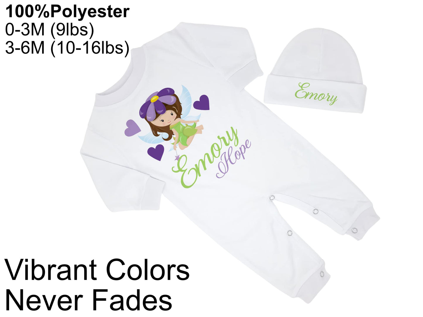 New Baby Girl's Printed Woodland Fairy Lime and Purple Personalized Infant Long Sleeve Romper Coming Home Outfit