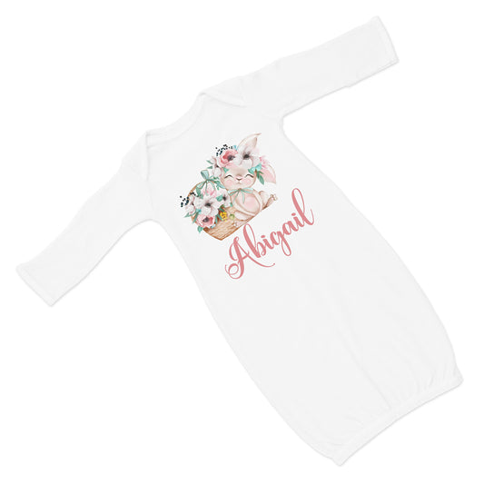 New Baby Girl's Printed Bunny Easter Spring VS 2 Personalized Infant Gown with Pink and Gray Coming Home Outfit