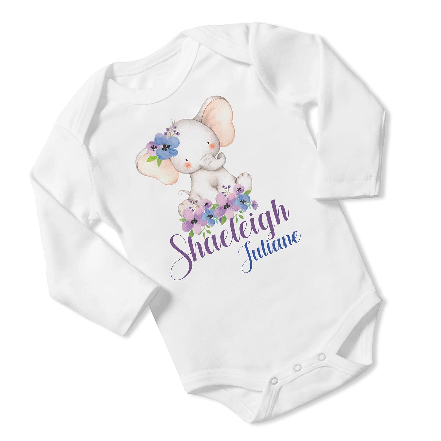 New Baby Girl's Printed Purple Floral Elephant vs 2 Personalized Infant Bodysuit Coming Home Outfit