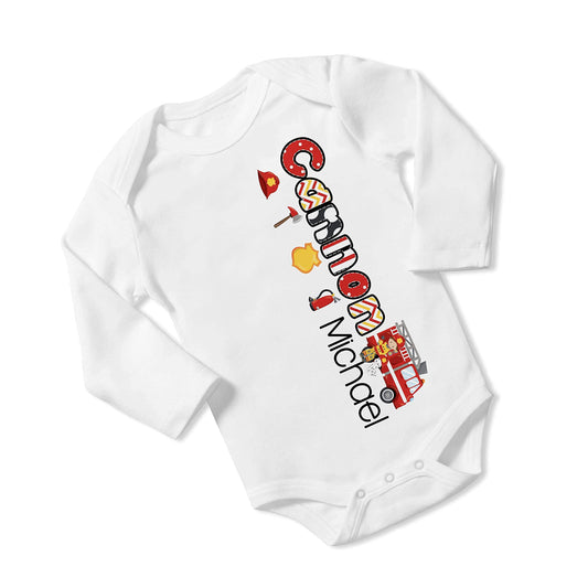 New Baby Boy's Printed Firefighter Fire Men Dalmatian vs1 Personalized Infant Bodysuit Coming Home Outfit