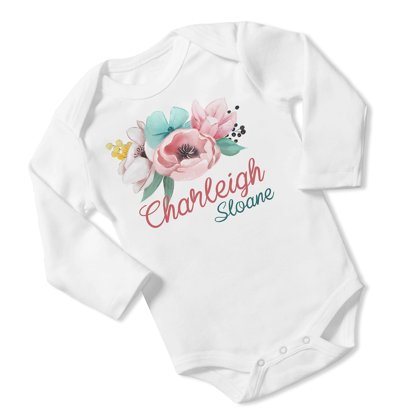 New Baby Girl's Printed Floral Peony Flower vs 2 Personalized Infant Bodysuit Coming Home Outfit