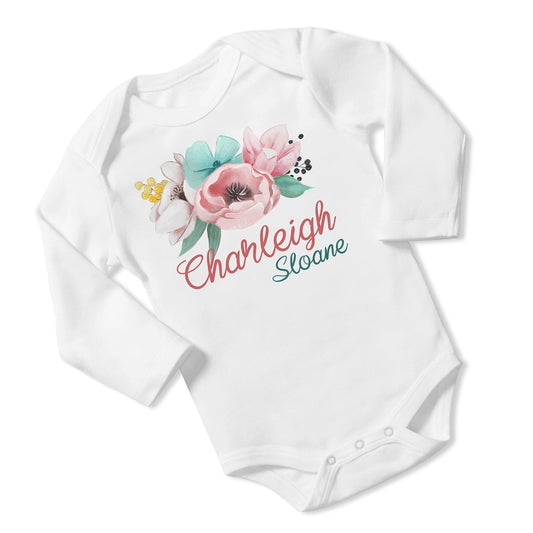 New Baby Girl's Printed Floral Peony Flower vs 2 Personalized Infant Bodysuit Coming Home Outfit