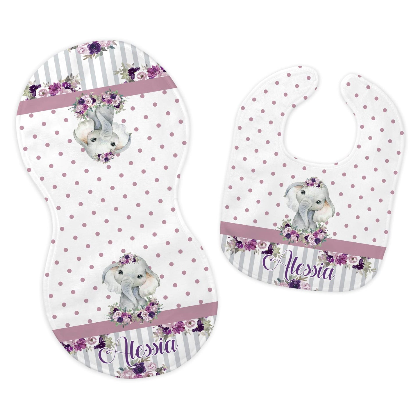 Baby Girl's Personalized Printed Custom Name Purple Elegant Elephant Bib and Burp Cloth Set