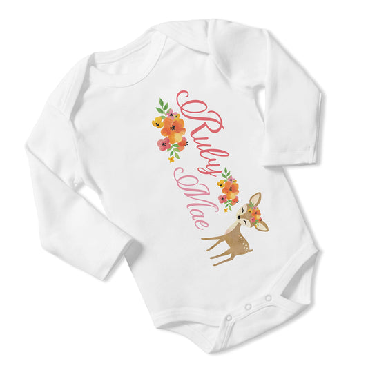 New Baby Girl's Printed Woodland Deer vs 1 Personalized Infant Bodysuit Coming Home Outfit