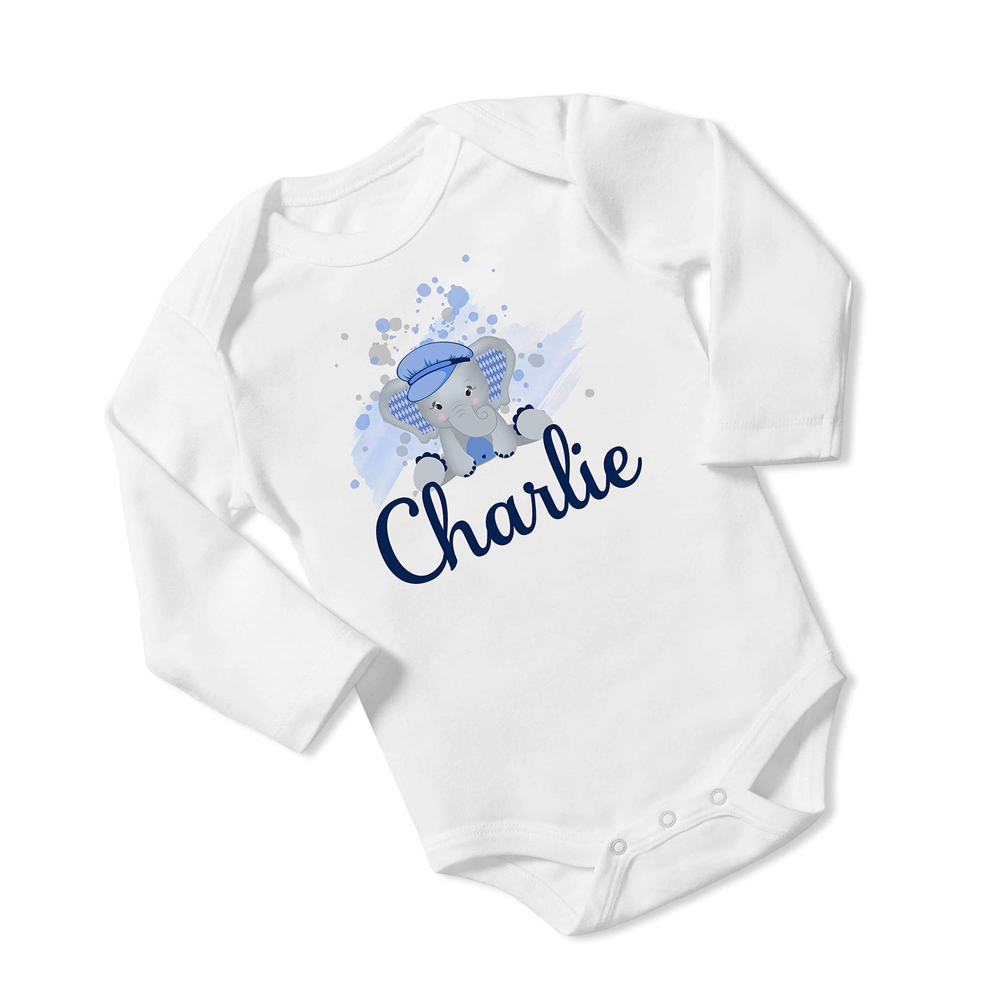 New Baby Boy's Printed White with Blue Argyle Elephant vs2 Personalized Infant Bodysuit with Black Coming Home Outfit