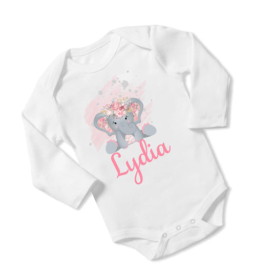 New Baby Printed Girl's Mauve Pink Floral Elephant vs2 Personalized Infant Bodysuit Coming Home Outfit