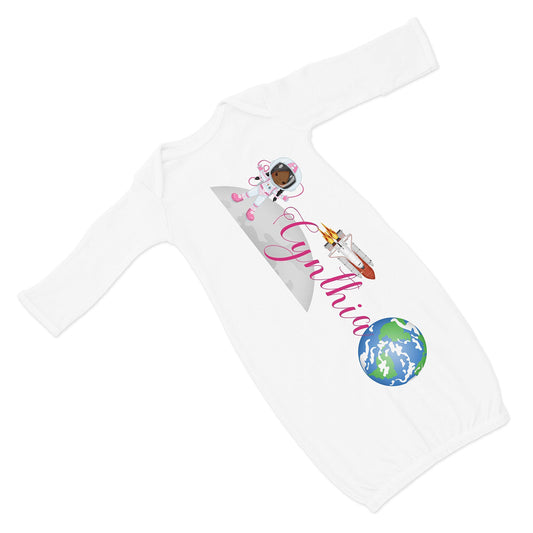 New Baby Girl's Printed Astronaut Outer Space Personalized Infant Gown with Hot Pink Coming Home Outfit