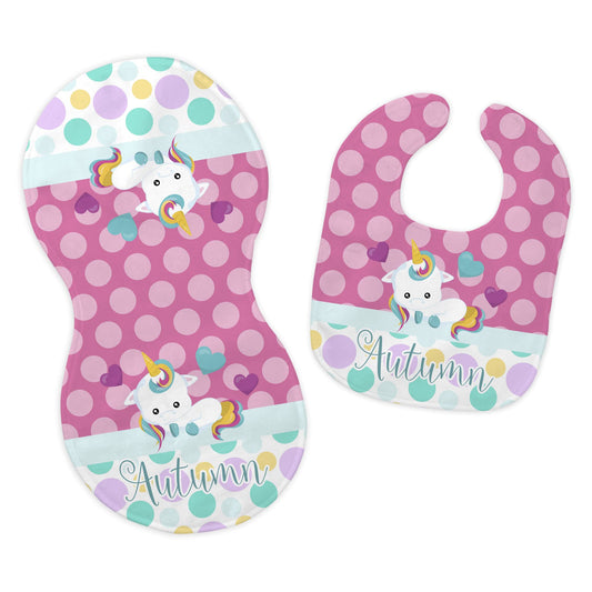 Baby Girl's Personalized Printed Custom Name Pink Unicorn Bib and Burp Cloth Set