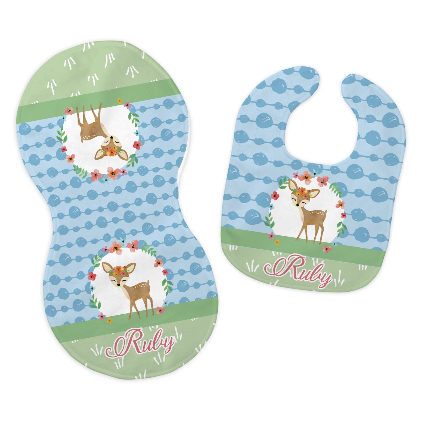 Baby Girl's Personalized Printed Custom Name Woodland Deer Bib and Burp Cloth Set