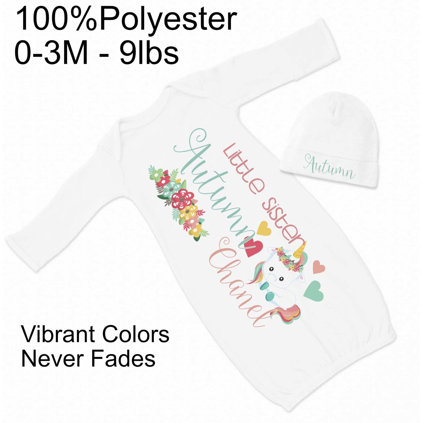 New Baby Girl's Printed Mint Raglan Unicorn Personalized Infant Gown with Pink Coming Home Outfit