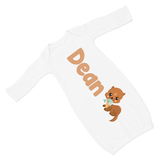 New Baby Boy's Printed Heather Oatmeal Otter Personalized Infant Gown with Brown Coming Home Outfit