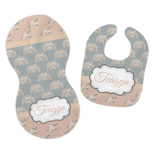 Baby Girl's Personalized Printed Custom Name Gray and Peach Boho Rainbow Bib and Burp Cloth Set