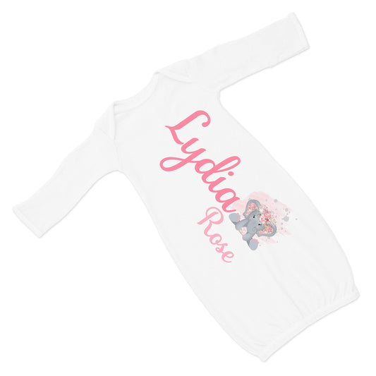 New Baby Girl's Printed Mauve Pink Floral Elephant Personalized Infant Gown with Pink and Blue Coming Home Outfit