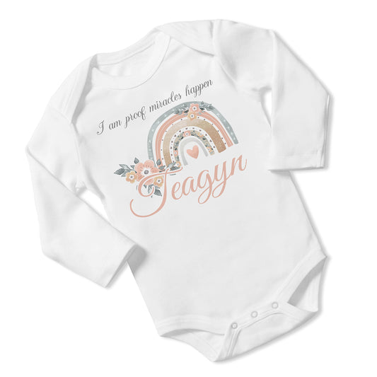 New Baby Girl's Printed Boho Rainbow Miracle vs2 Personalized Infant Bodysuit Coming Home Outfit