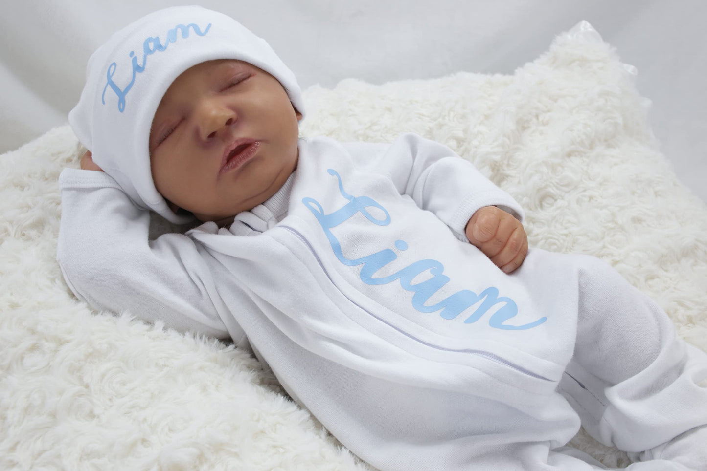 New Baby Boy Girl Unisex Heat Transfer Vinyl Personalized Footie One Piece Romper with Script Name Coming Home Outfit