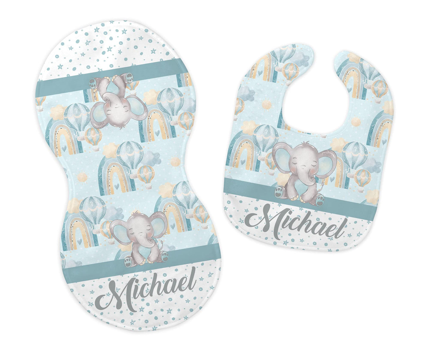 Baby Boy's Personalized Printed Custom Name Blue Hobo Rainbow Elephant Bib and Burp Cloth Set