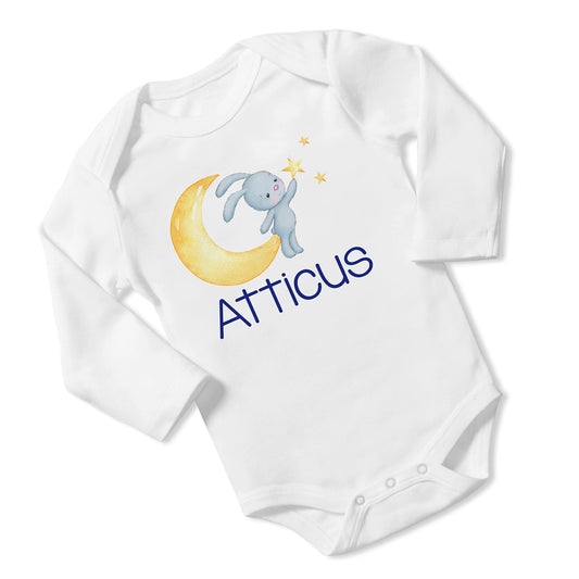 New Baby Boy's Printed Moon Stars Bunny Rabbit VS 2 Personalized Infant Bodysuit Coming Home Outfit