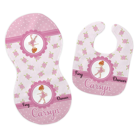 Baby Girl's Personalized Printed Custom Name Pink Tiny Dancer Ballerina Bib and Burp Cloth Set