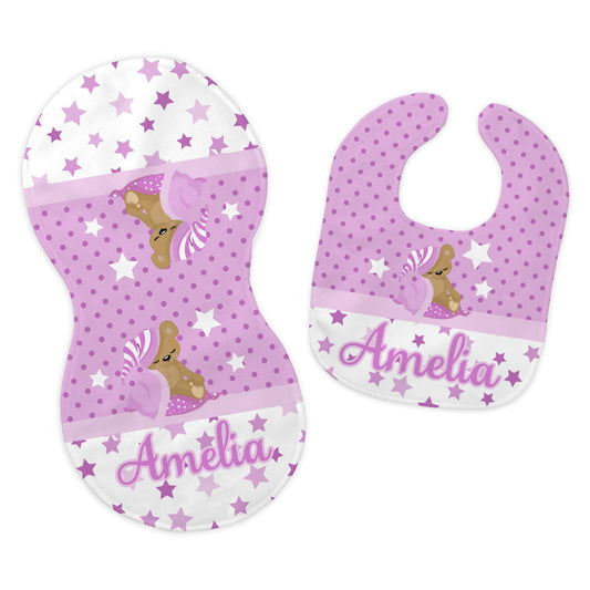 Baby Girl's Personalized Printed Custom Name Pink Sleeping Bear Bib and Burp Cloth Set