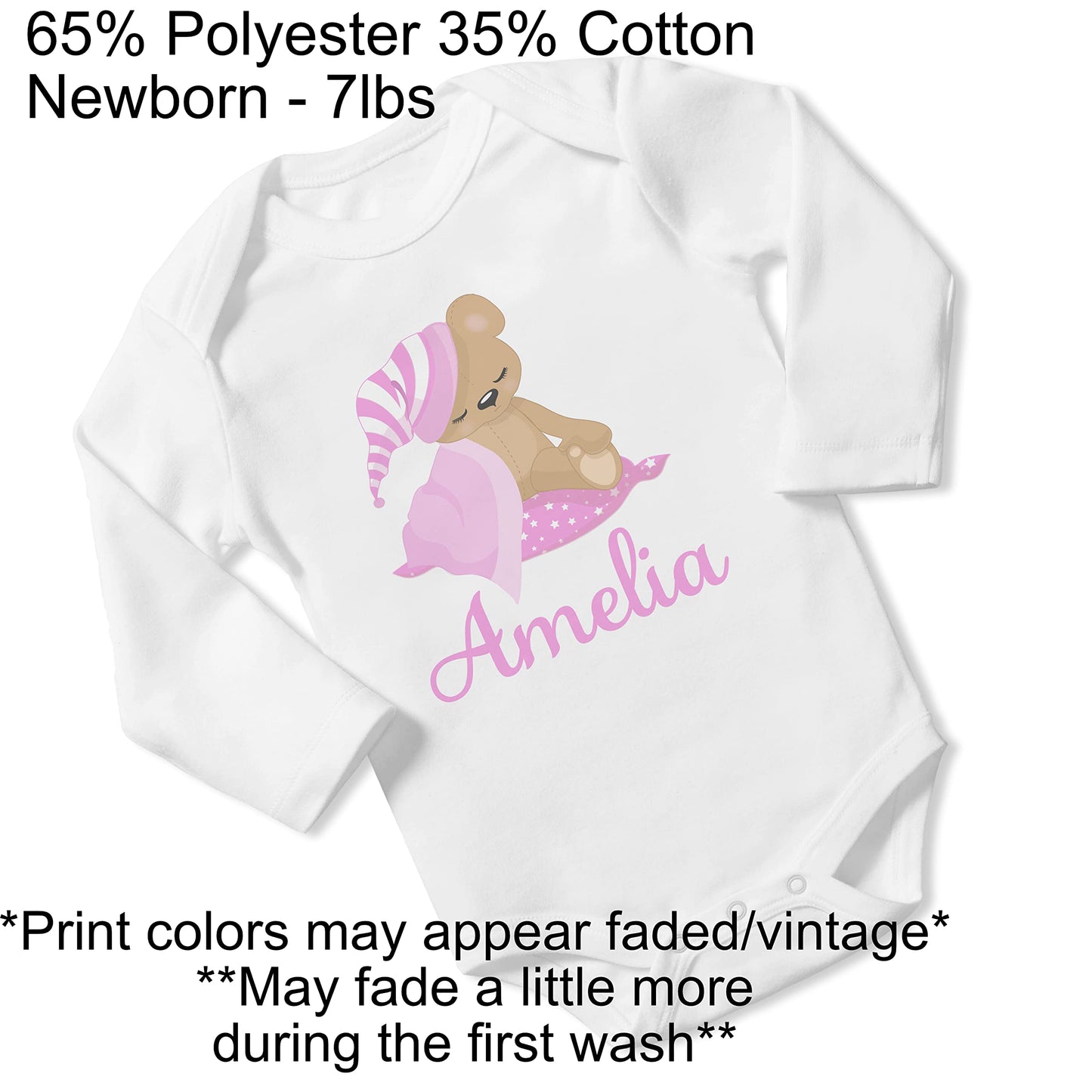 New Baby Girl's Printed Pink Sleeping Girl Teddy Bear vs 2 Personalized Infant Bodysuit Coming Home Outfit