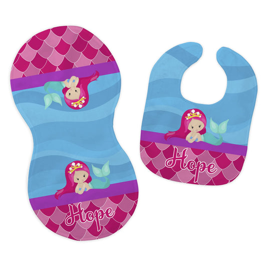 Baby Girl's Personalized Printed Custom Name Pink and Turquoise Mermaid Bib and Burp Cloth Set