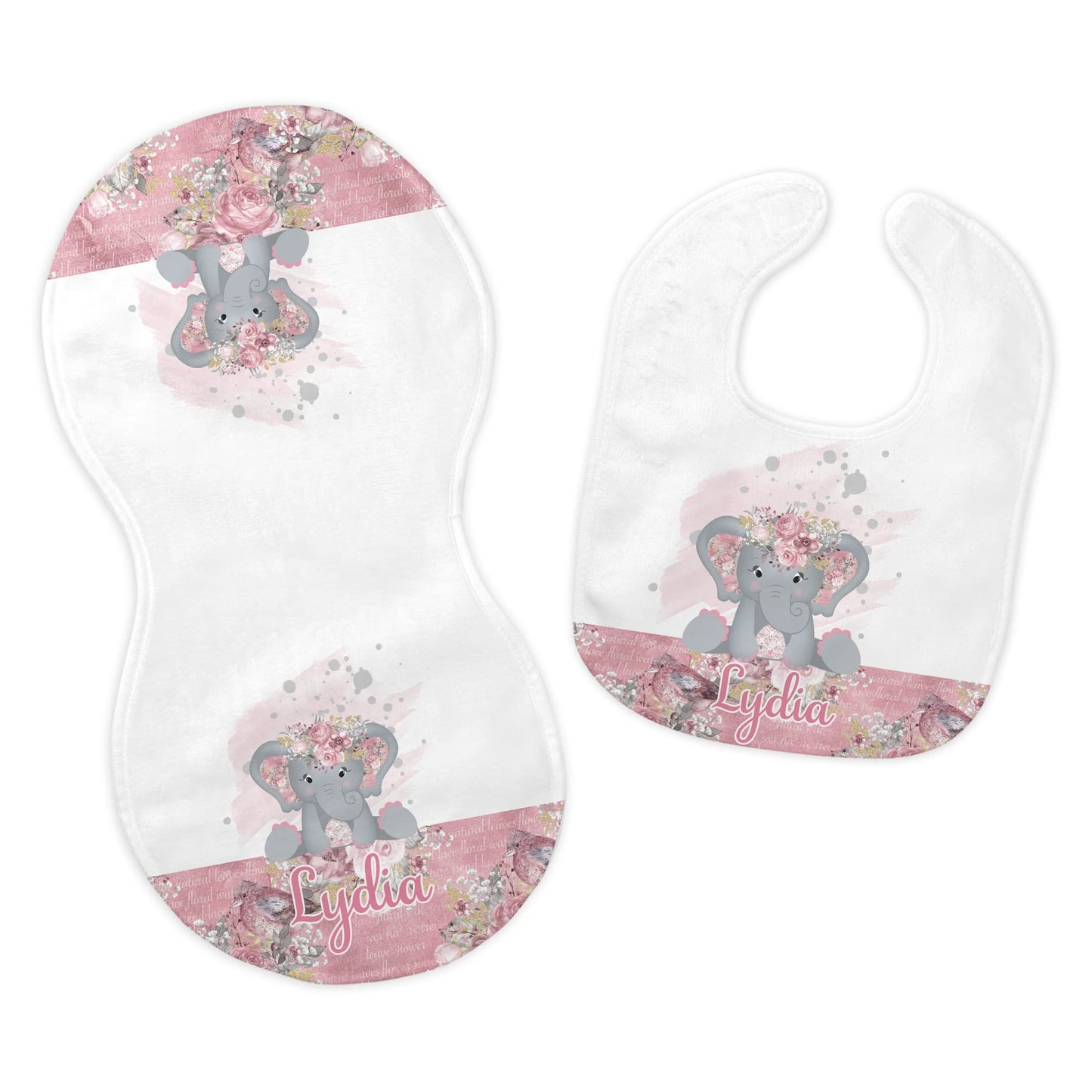 Baby Girl's Personalized Printed Custom Name Pink Floral Elephant Bib and Burp Cloth Set