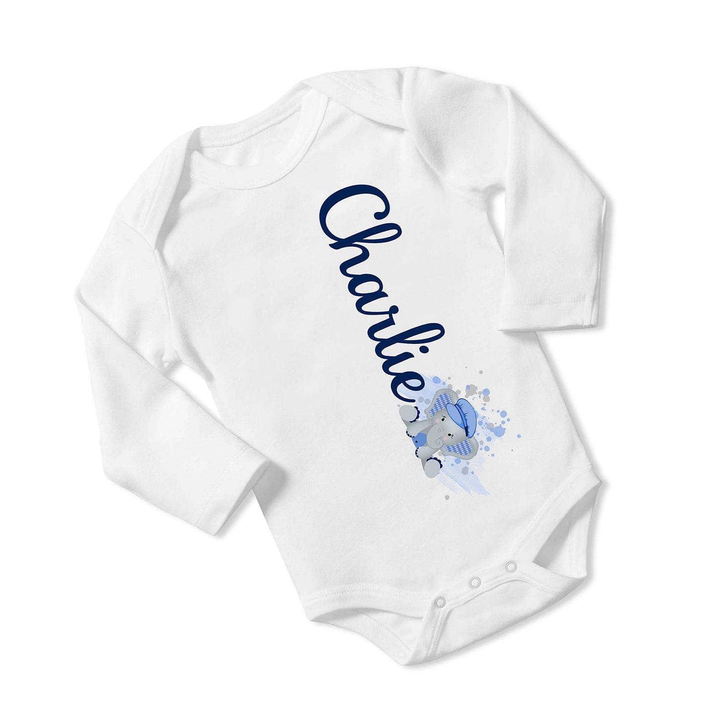 New Baby Boy's Printed White with Blue Argyle Elephant vs1 Personalized Infant Bodysuit with Black Coming Home Outfit