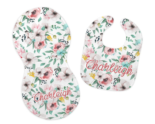 New Baby Girl's Personalized Printed Custom Name Pink Peony Floral Feeding Cloth Accessory Set…