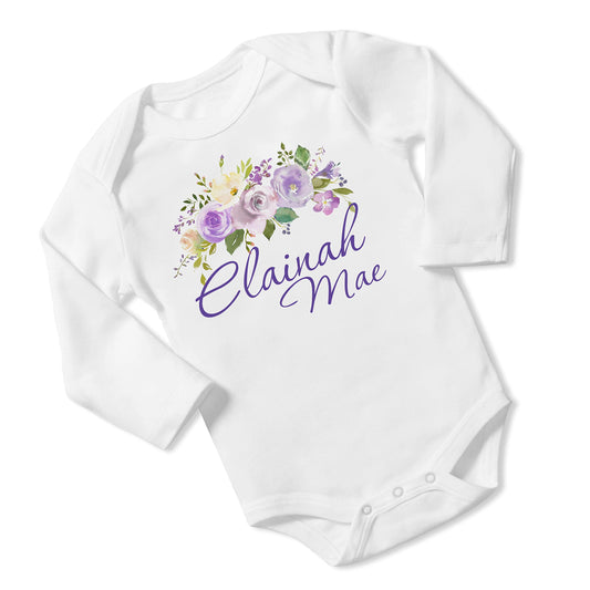 New Baby Girl's Printed Purple Floral vs 2 Personalized Infant Bodysuit Coming Home Outfit