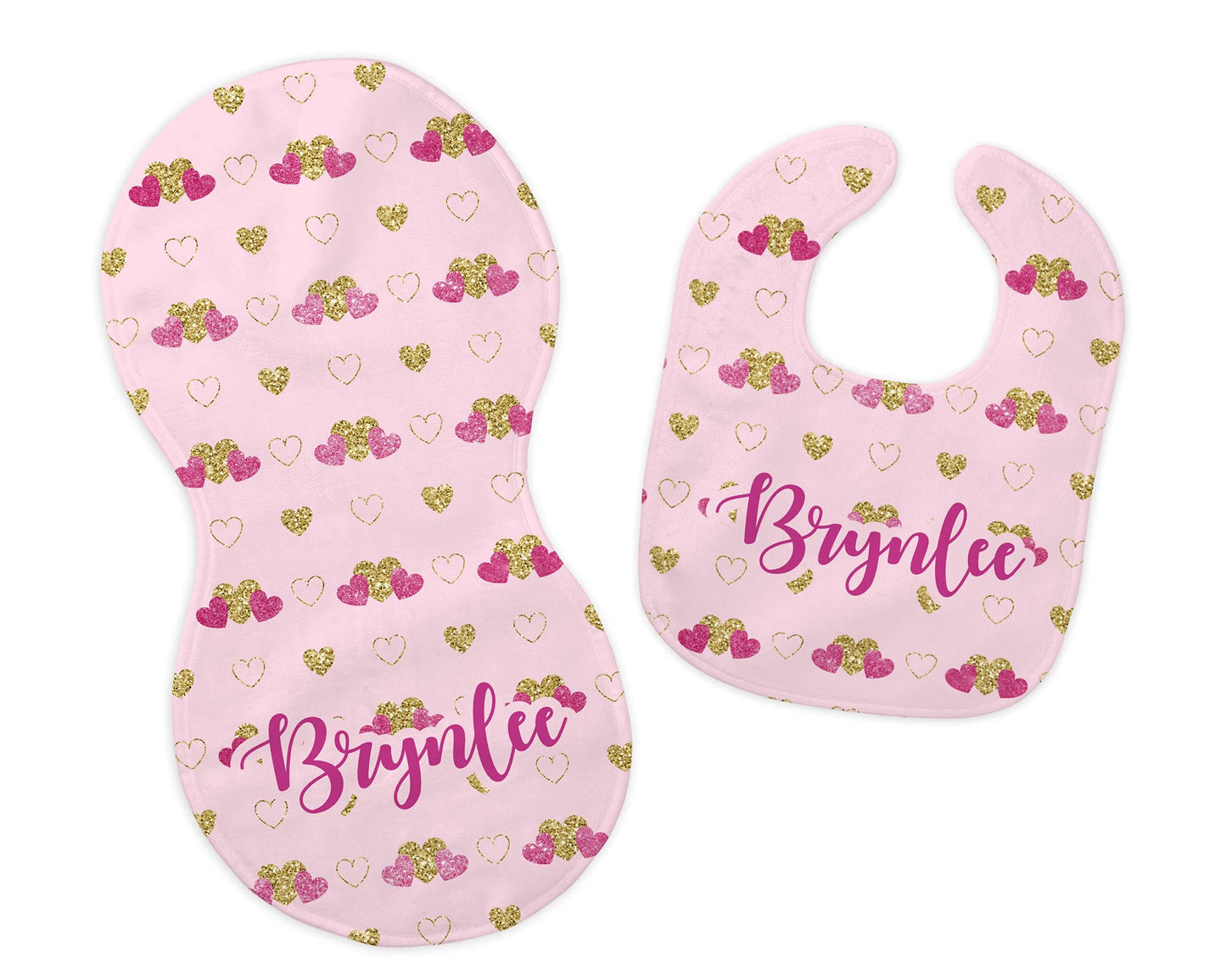 Baby Girl's Personalized Printed Custom Name Glitter Pink and Gold Hearts Bib and Burp Cloth Set