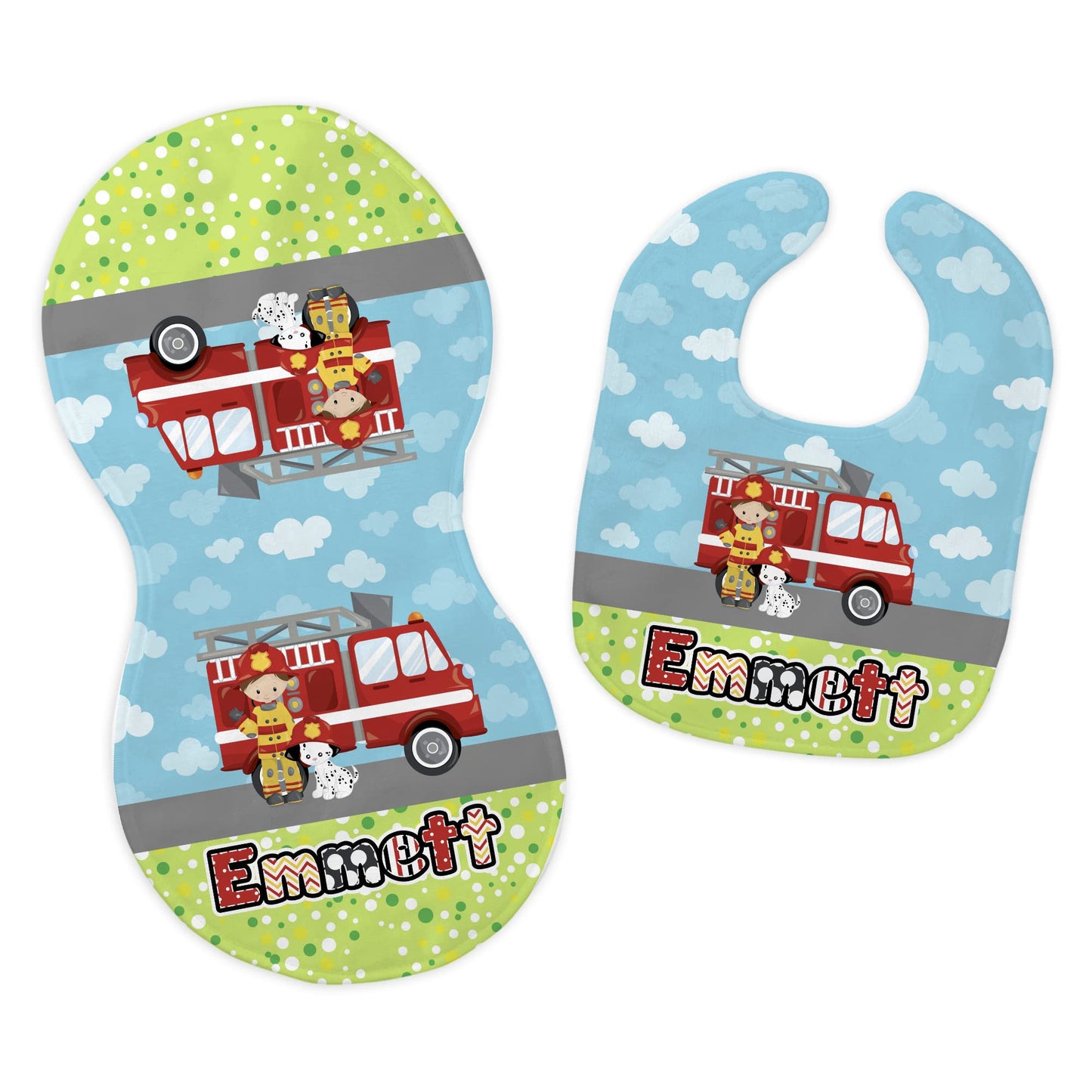 Baby Boy's Personalized Printed Custom Name Fireman Firefighter dalmatian Bib and Burp Cloth Set