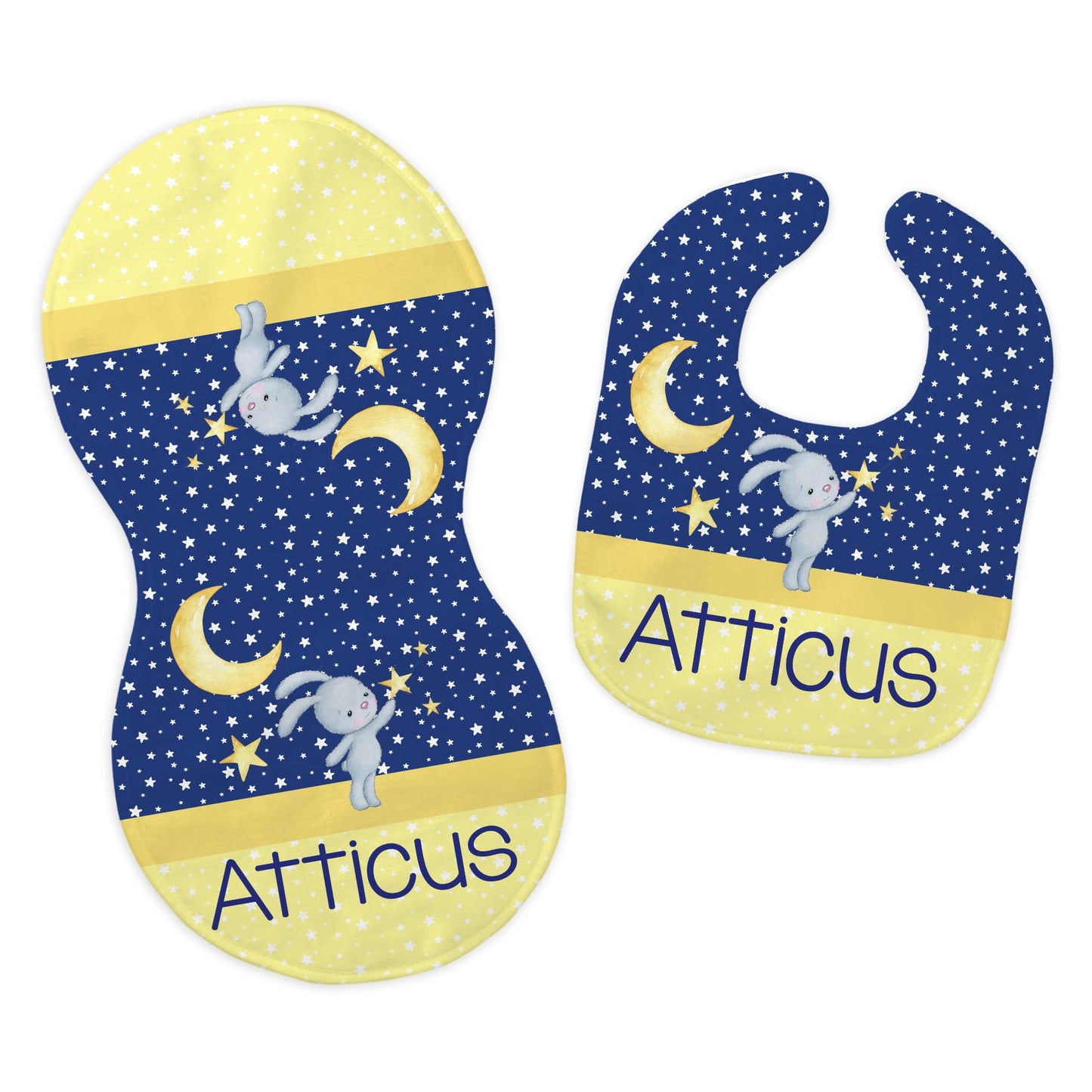 Baby Boy's Personalized Printed Custom Name Blue and Yellow Moon and Stars Bunny Rabbit Bib and Burp Cloth Set