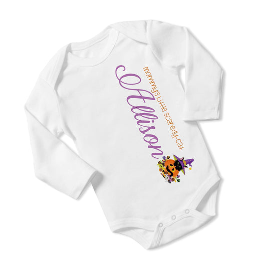 New Baby Mommy's Printed Little Scaredy-Cat Halloween vs1 Personalized Infant Bodysuit Coming Home Outfit