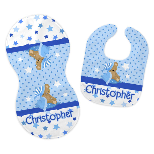 Baby Boy's Personalized Printed Custom Name Blue Hobo Rainbow Elephant Bib and Burp Cloth Set