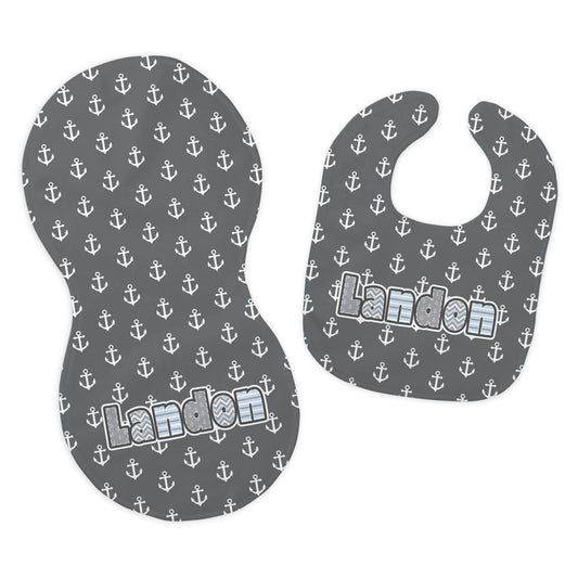 Baby Boy's Personalized Printed Custom Name Gray Anchor Nautical Bib and Burp Cloth Set