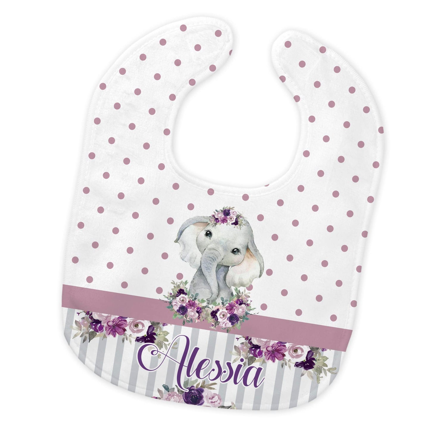 Baby Girl's Personalized Printed Custom Name Purple Elegant Elephant Bib and Burp Cloth Set