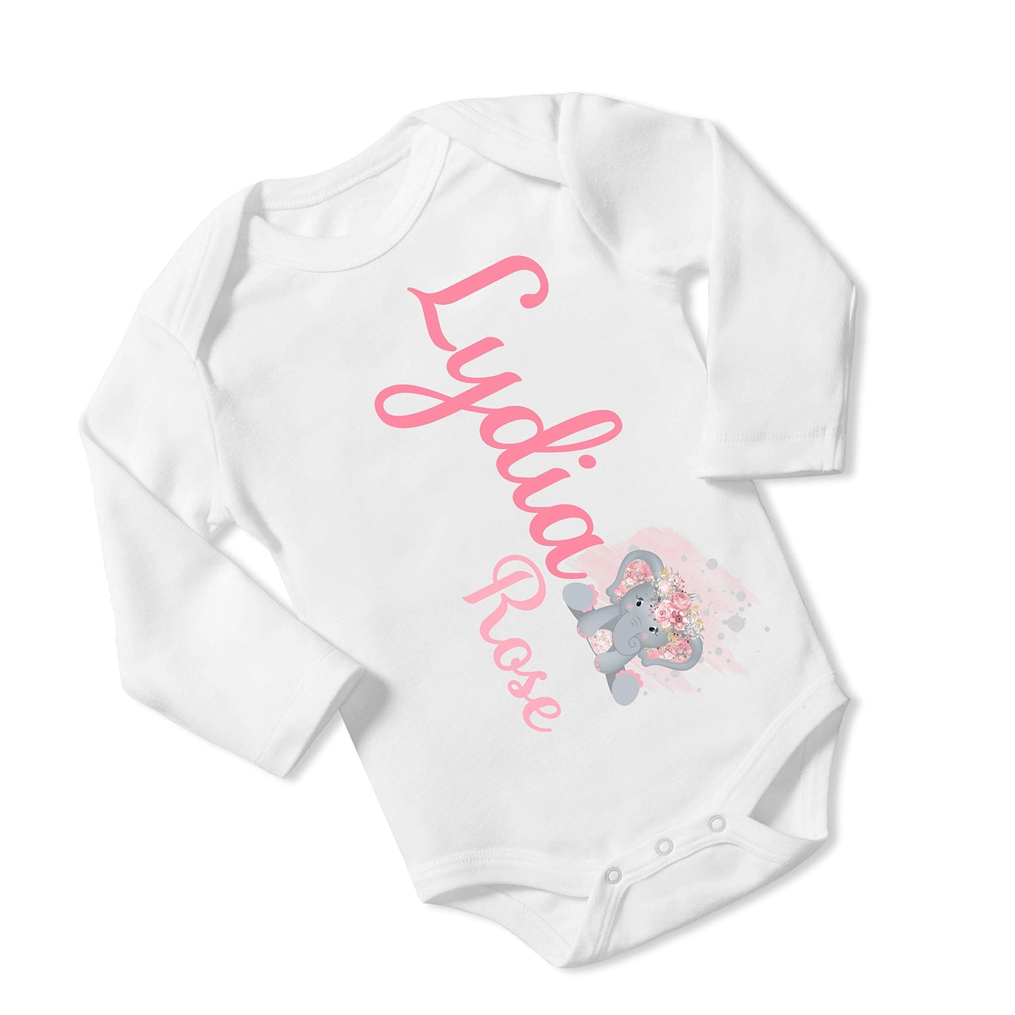 New Baby Girl's Printed Mauve Pink Floral Elephant vs1 Personalized Infant Bodysuit Coming Home Outfit